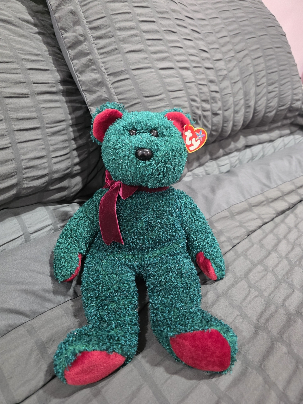 Retired Ty Beanie Buddy 2001 Holiday Teddy 14 Inch Emerald and Burgundy